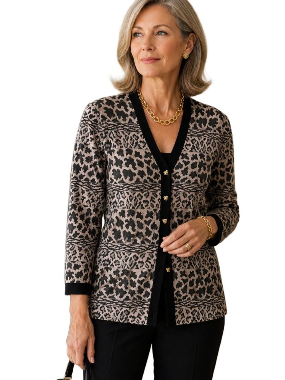 Vintage ST JOHN MARIE GRAY Animal Inspired Jacquard Santana Knit Cardigan Sz 14